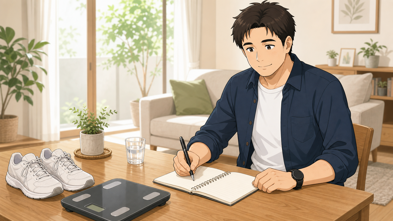 体重計とノートを前に40代男性がダイエットの計画を立てるイラスト