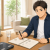 自宅で食事や運動の記録をノートにまとめる40代男性のイラスト