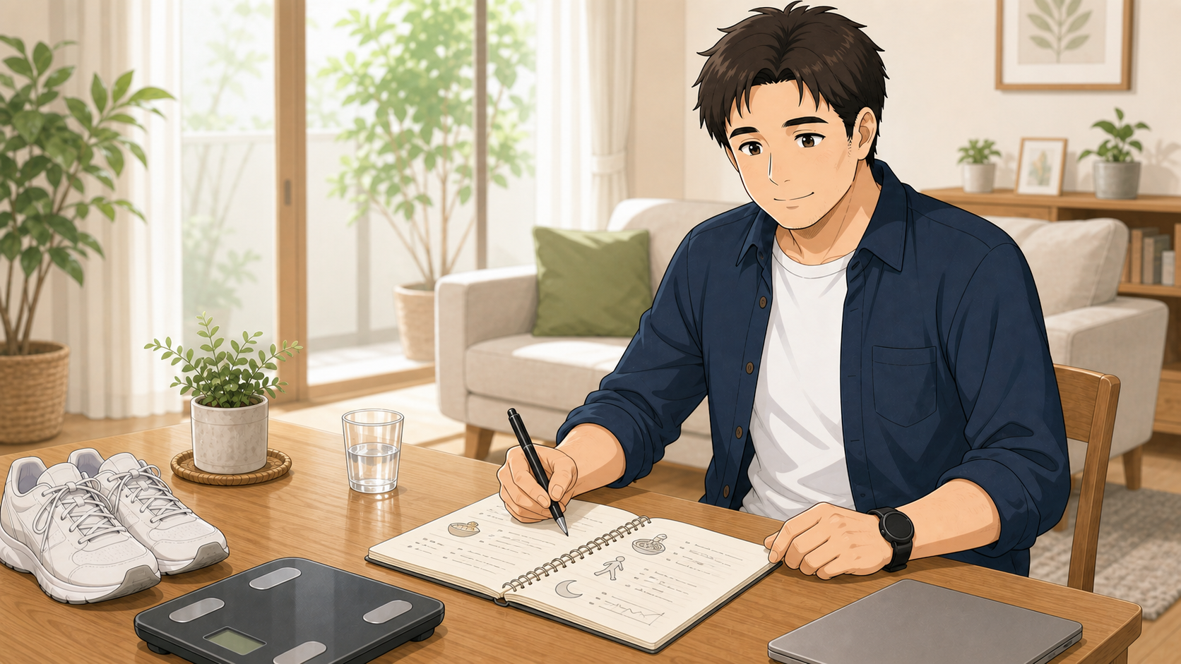 自宅で食事や運動の記録をノートにまとめる40代男性のイラスト