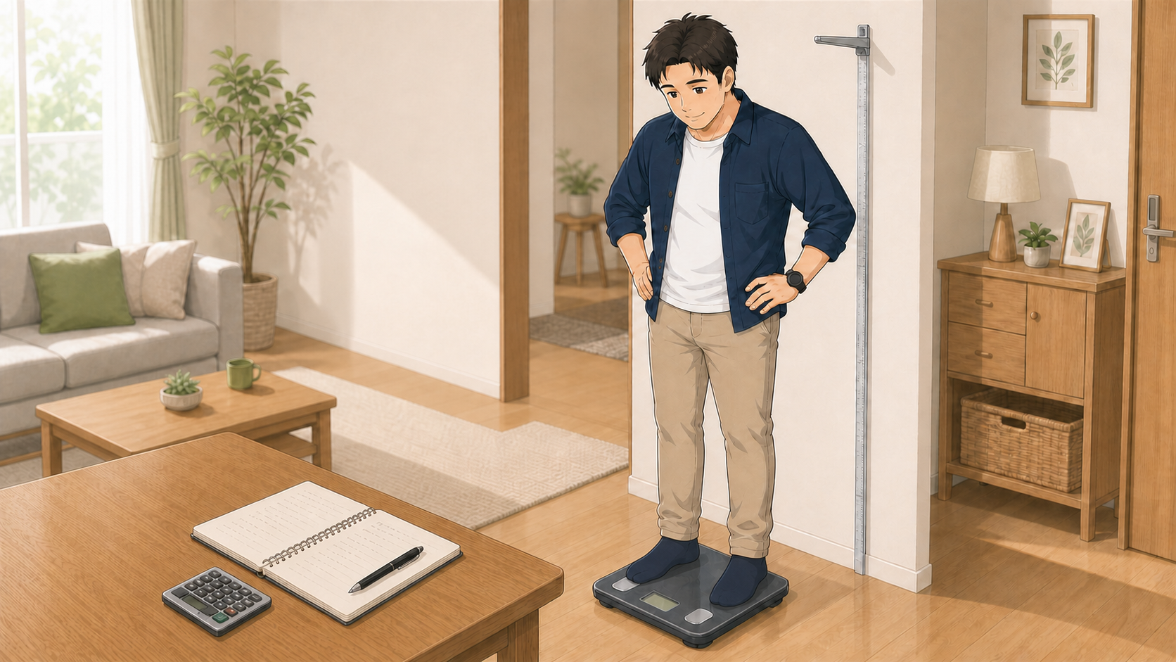 身長計の横で靴下のまま体重計に乗り、結果をノートに記録する40代男性のイラスト