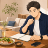 食事や飲み物を前にノートで一日の生活習慣を振り返る40代男性のイラスト