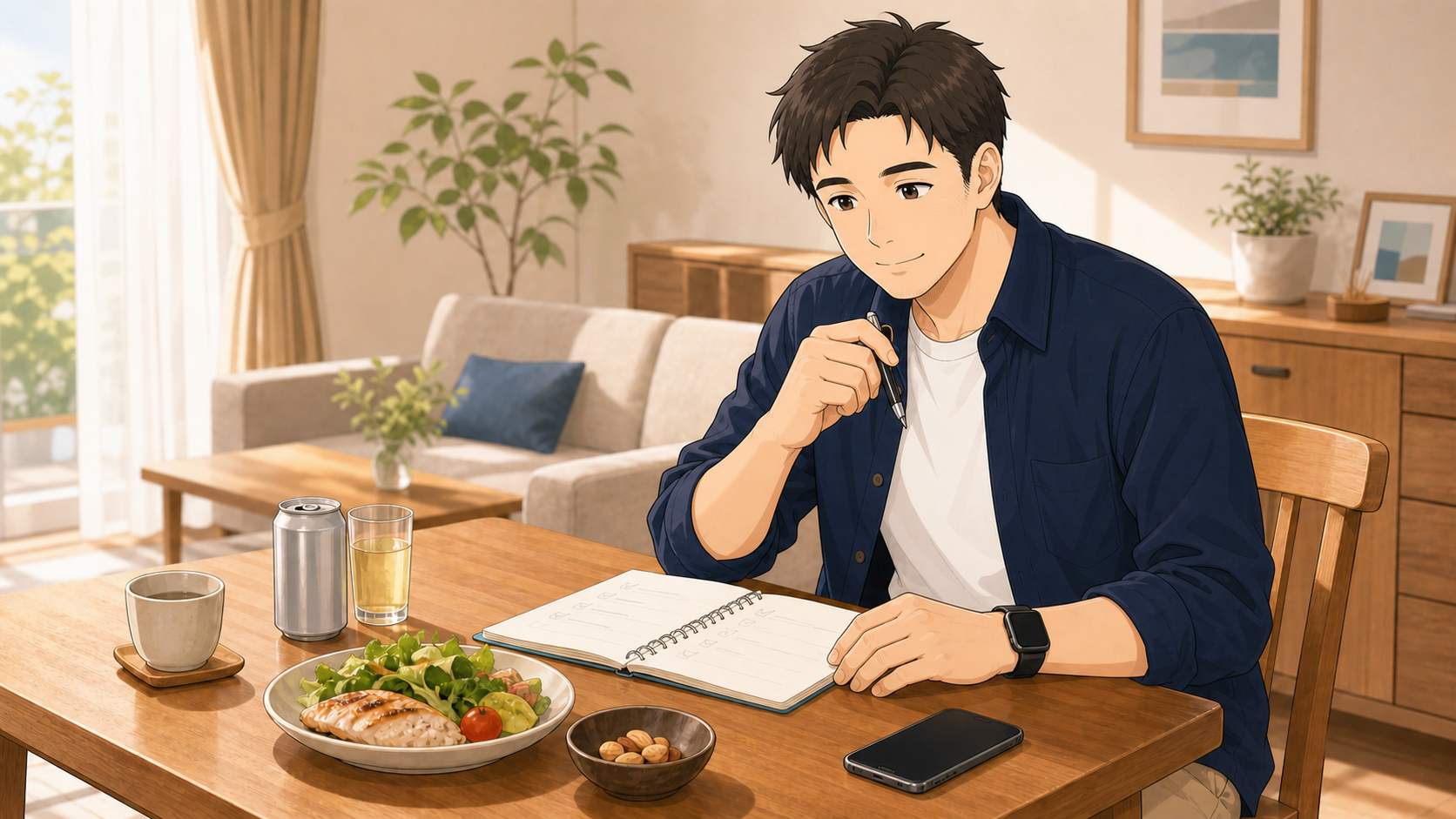 食事や飲み物を前にノートで一日の生活習慣を振り返る40代男性のイラスト