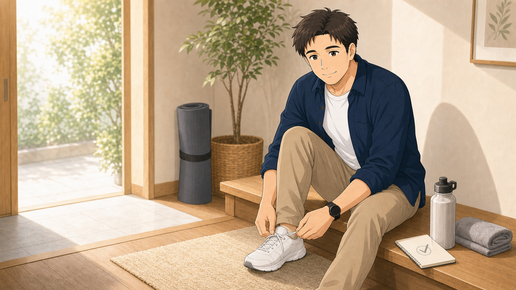 一度休んだダイエットを翌日から穏やかに再開する40代男性のイラスト