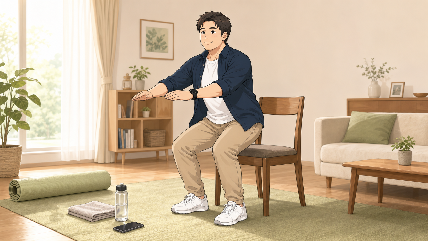 自宅で椅子スクワットをする40代男性のイラスト