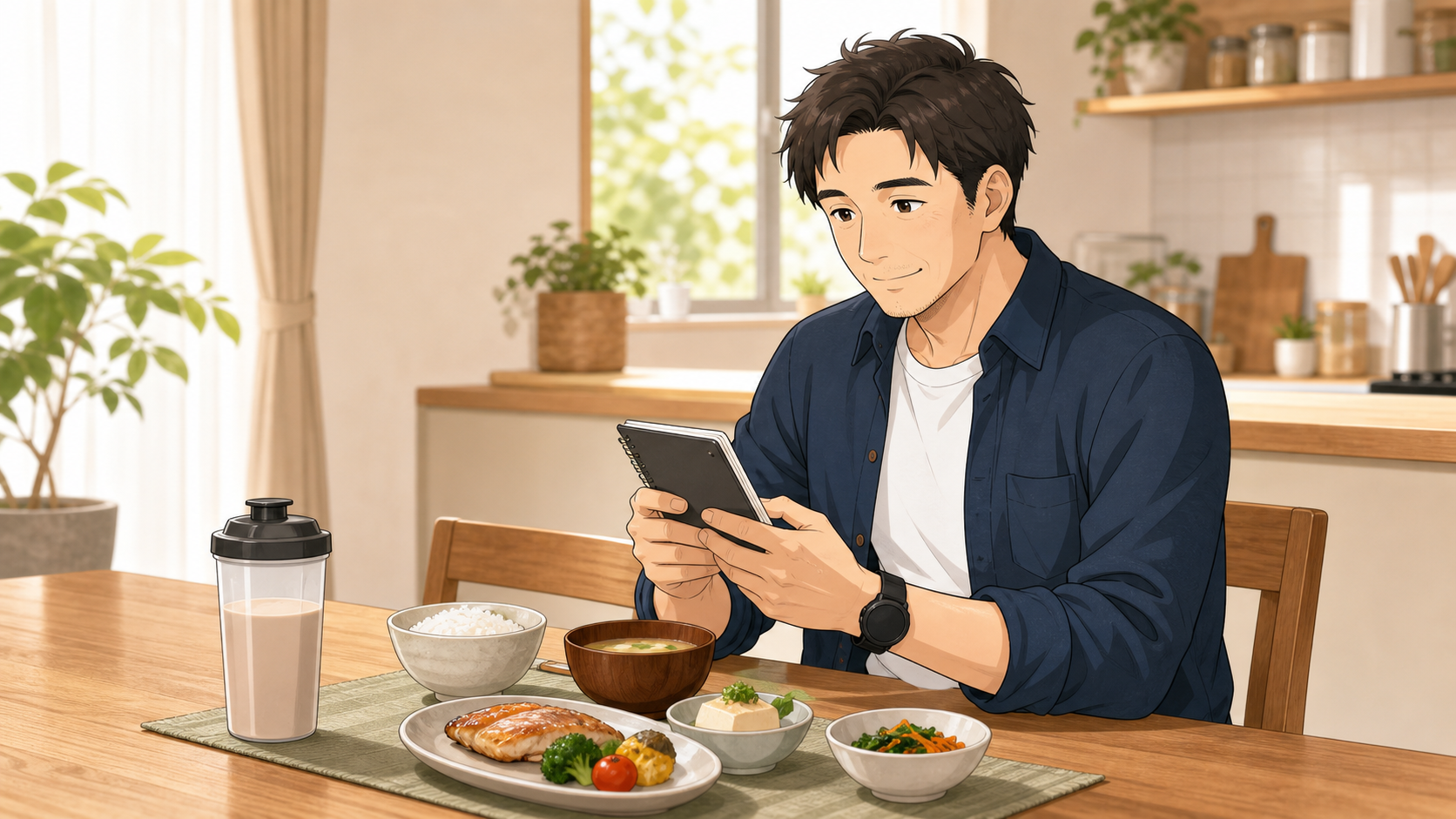 食卓で食事内容を記録する40代男性のイラスト