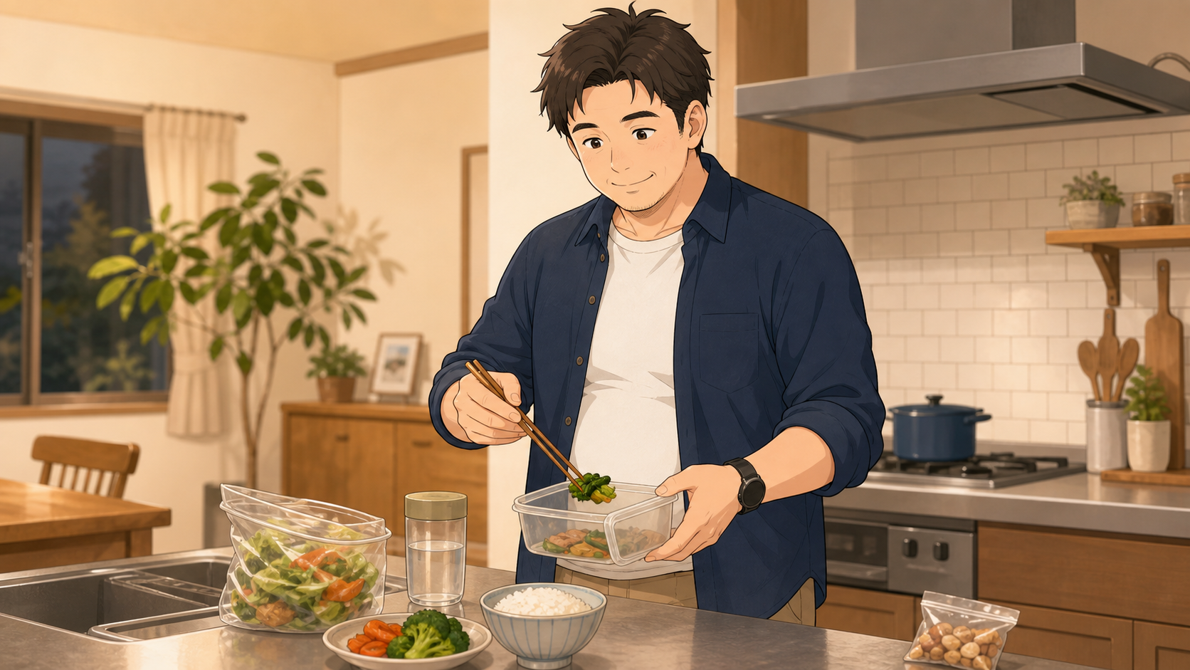 夕食後の食べ残しを保存容器へ移す40代男性のイラスト