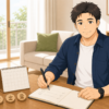 体重計とカレンダーを前にノートへ無理のない減量目標を書く40代男性のイラスト