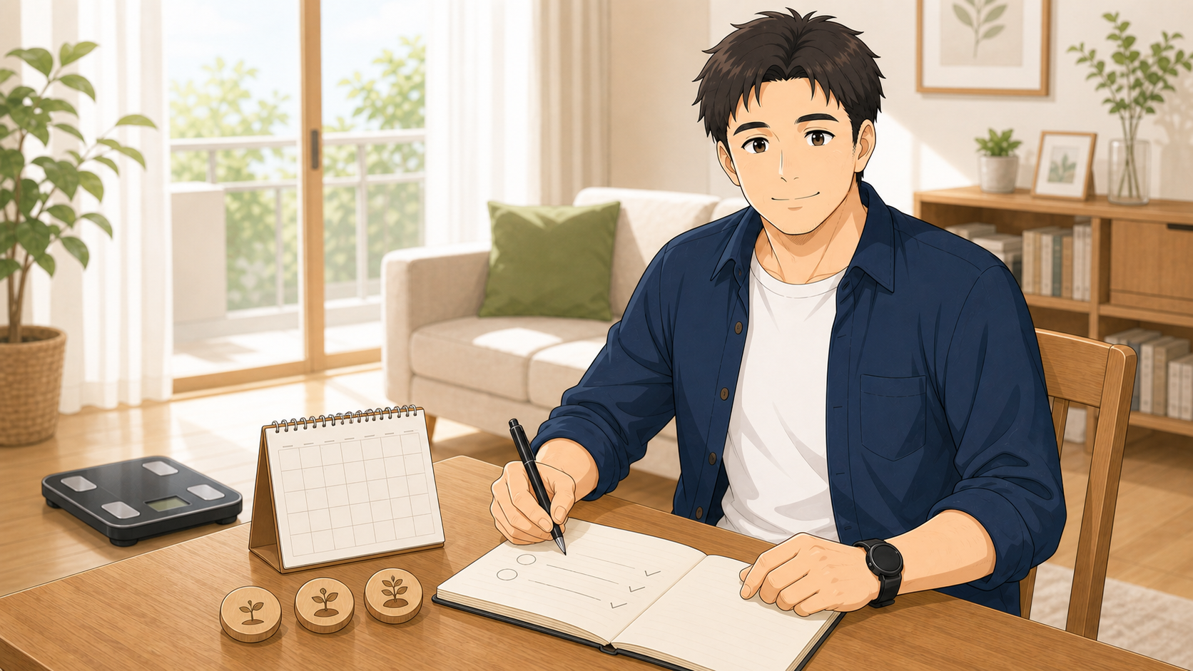 体重計とカレンダーを前にノートへ無理のない減量目標を書く40代男性のイラスト