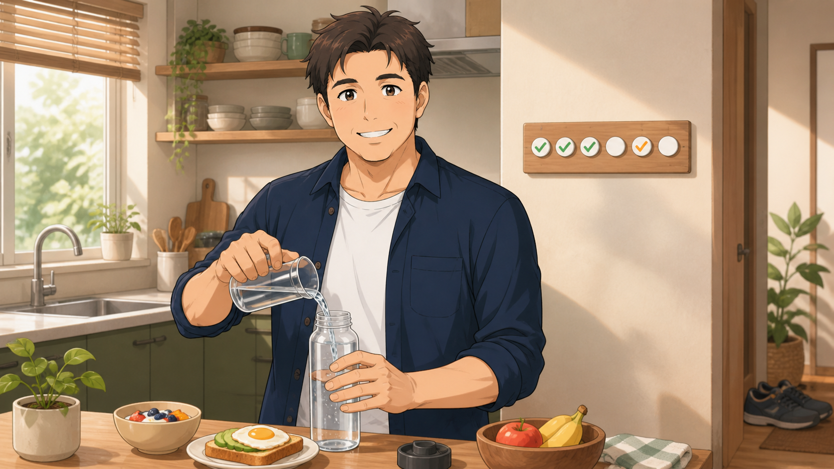 一日抜けても朝の健康習慣へ戻る40代男性のイラスト