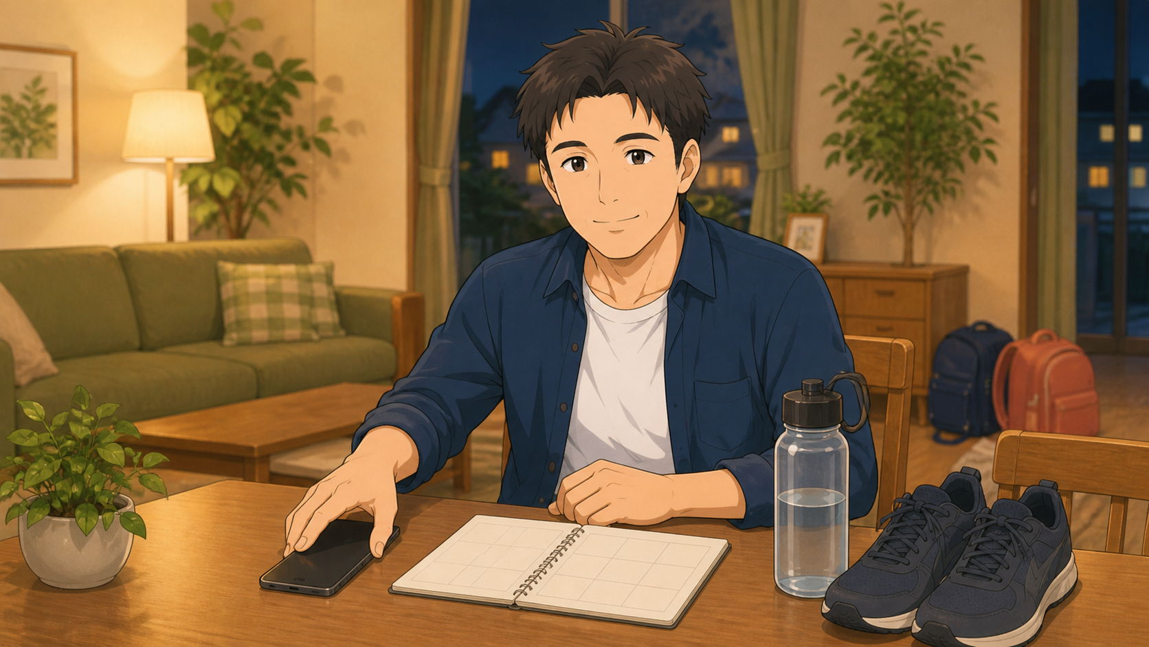 夜のリビングで翌日の生活を整える40代男性のイラスト