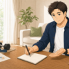 たくさんのダイエット用品を脇に置き、最初に取り組む一つを選ぶ40代男性のイラスト