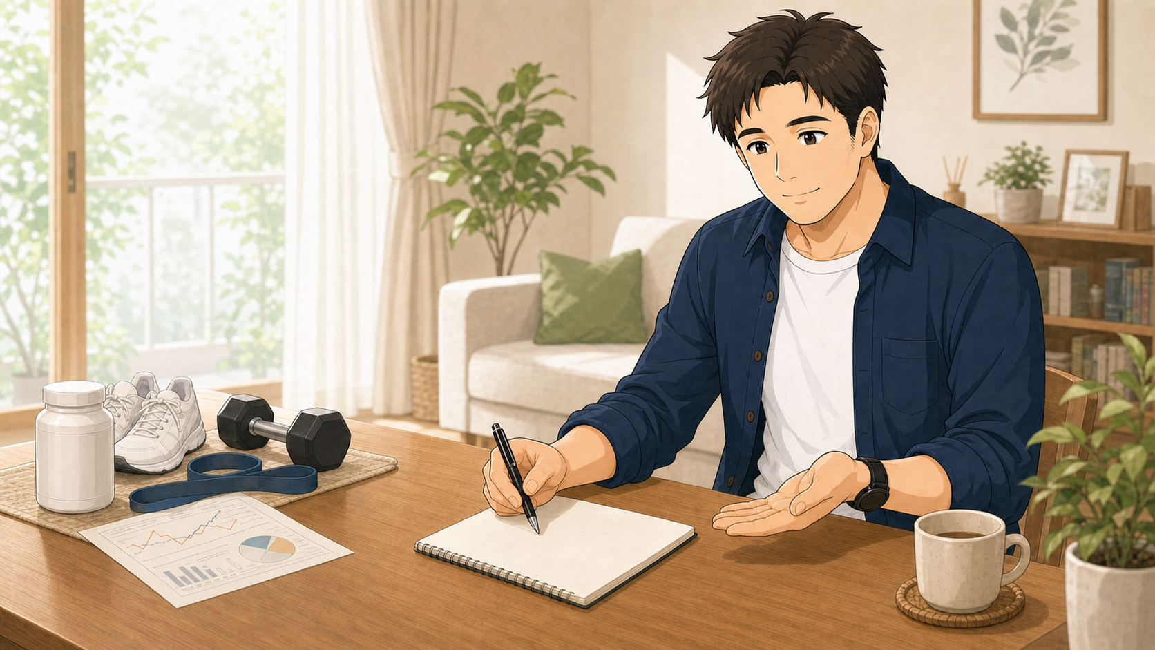 たくさんのダイエット用品を脇に置き、最初に取り組む一つを選ぶ40代男性のイラスト