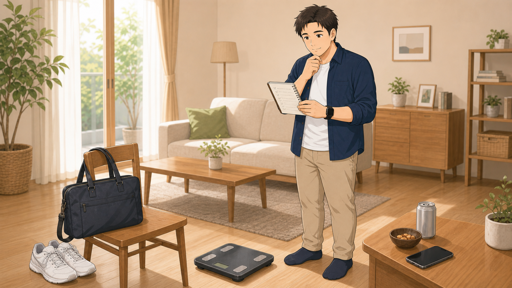 体重計の数値を見ながら食事や活動量など体重増加の背景を振り返る40代男性のイラスト
