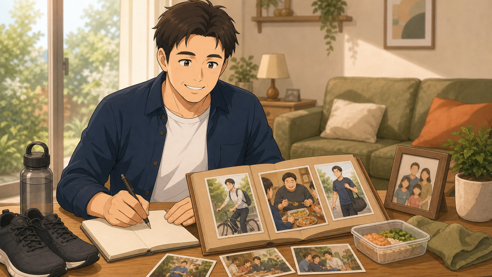 過去の写真と現在の生活を記録帳で振り返る40代男性のイラスト